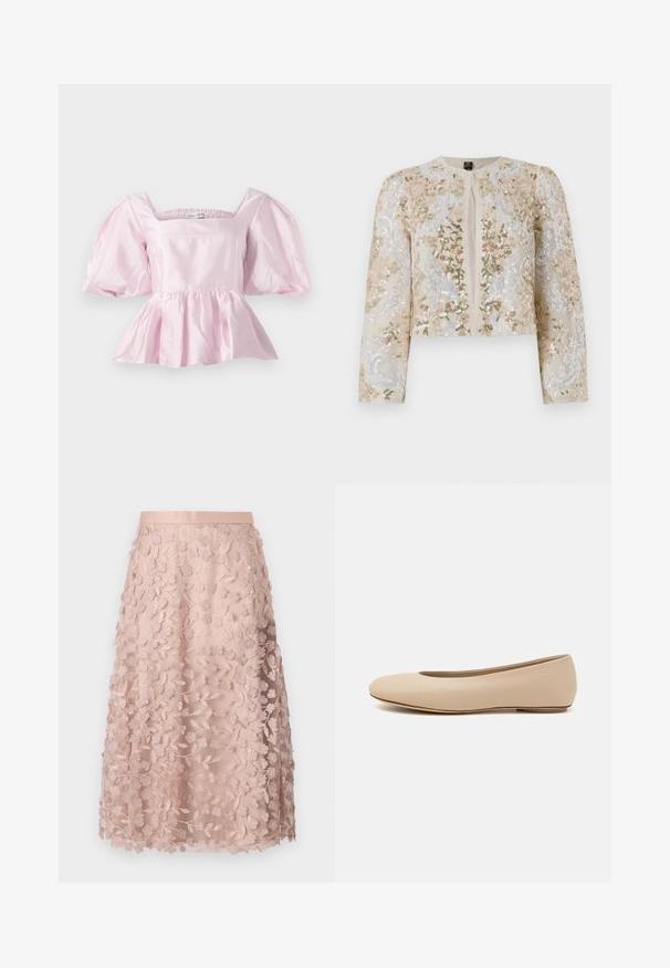 Vyvŕtaná skrátená bunda béžovej farby s kvetinovými motívmi v ružovej, zelenej a modrej. Má dlhé rukávy a okrúhly výstrih.; Svetloružový peplum top vyrobený z lesklého saténového materiálu. Má štvorcový výstrih a nafúknuté rukávy s elastickým lemom.; Krajková midi sukňa v jemnej ružovej farbe s kvetinovou výšivkou, so zúženým pásom a vrstveným designom, ktorá podčiarkuje jemnú textúru.; Béžové kožené baleríny s okrúhlym prstom, minimálnym švom, nízkym podpätkom a diskrétnym logom na zadnej strane. Hladká, matná textura.
