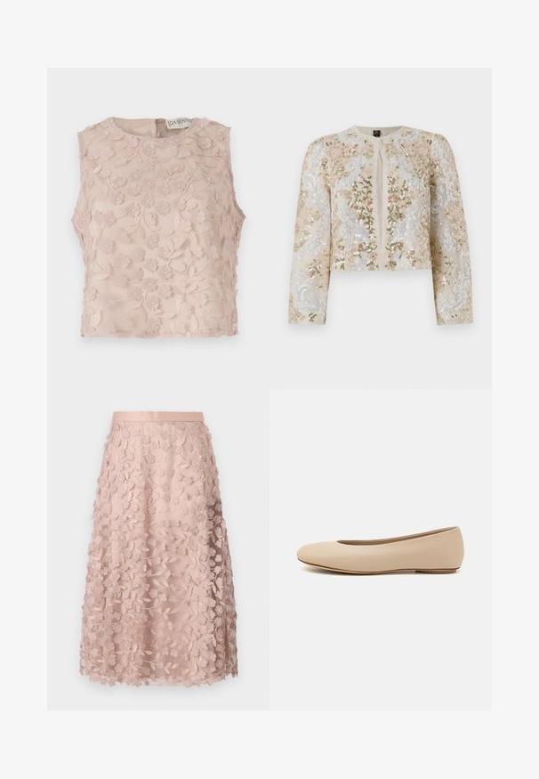 Bestickte, taillierte Jacke in Beige mit blühenden Motiven in Pink, Grün und Blau. Verfügt über lange Ärmel und einen runden Ausschnitt.; Ärmelloses Top in Hellrosa, mit floraler Stickerei und erhabenen Akzenten, runder Halsauschnitt und verdecktem Reißverschluss hinten. Weiches, transparentes Material.; Spitzen-Midirock in sanftem Rosa mit floralen Stickereien, ausgelegt mit einem figurbetonten Bund und einem geschichteten Design, das eine zarte Textur betont.; Beige Leder-Ballerina mit runder Zehenform, minimaler Nahtgestaltung, niedrigem Absatz und dezentem Logo auf der Rückseite. Glatte, matten Oberfläche.