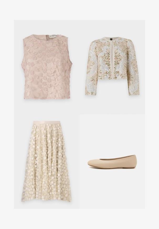 Vyvŕtaná skrátená bunda béžovej farby s kvetinovými motívmi v ružovej, zelenej a modrej. Má dlhé rukávy a okrúhly výstrih.; Bezrukávový top v svetloružovej farbe, s kvetinovou výšivkou s vystúpenými akcentmi, okrúhlym výstrihom a zipsom na chrbte. Mäkká priesvitná látka.; Kvetinová výšivka na priesvitnej sukni v krémovej farbe so saténovým pásom. Dizajn obsahuje malé, jemné kvety a listy.; Béžové kožené baleríny s okrúhlym prstom, minimálnym švom, nízkym podpätkom a diskrétnym logom na zadnej strane. Hladká, matná textura.