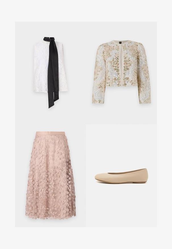 Embroidered cropped jacket in beige with floral motifs in pink, green, and blue. Features long sleeves and a round neckline.; White lace top featuring a high neckline and a black satin ribbon tied at the collar. Intricate lace pattern and smooth texture.; Lace midi skirt in soft pink with floral embroidery, featuring a fitted waistband and layered design, accentuating a delicate texture.; Beige leather ballet flat with rounded toe, minimal seam detailing, low heel, and subtle logo on the back. Smooth, matte texture.