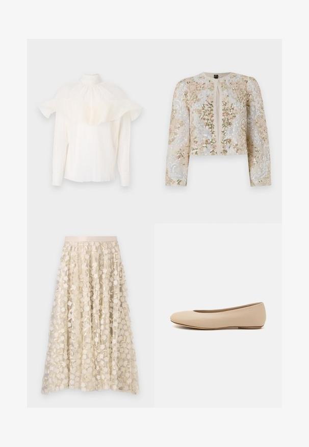Embroidered cropped jacket in beige with floral motifs in pink, green, and blue. Features long sleeves and a round neckline.; White blouse features a high collar, textured fabric, and oversized ruffled sleeves. Long sleeves with fitted cuffs, relaxed fit throughout.; Floral embroidery on a sheer, cream-colored skirt with a satin waistband. The design features small, delicate flowers and leaves.; Beige leather ballet flat with rounded toe, minimal seam detailing, low heel, and subtle logo on the back. Smooth, matte texture.