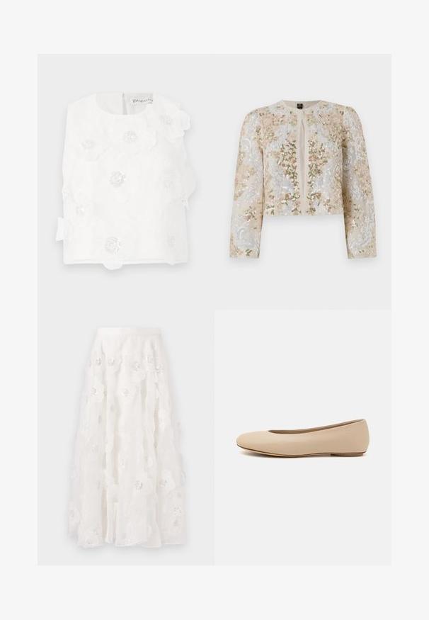 Veste courte brodée en beige avec des motifs floraux en rose, vert et bleu. Comprend des manches longues et un col rond.; Haut sans manches blanc avec des fleurs brodées, des accents perlés et une texture lisse. Fermeture à l'arrière avec une petite fermeture éclair discrète.; Jupe blanche, longueur genou, avec broderies florales et sequins argentés. Tissu léger et fluide avec des couches volantes et une ceinture ajustée.; Ballerines en cuir beige avec un bout arrondi, un minimum de coutures, un petit talon et un logo subtil à l'arrière. Texture lisse et mate.