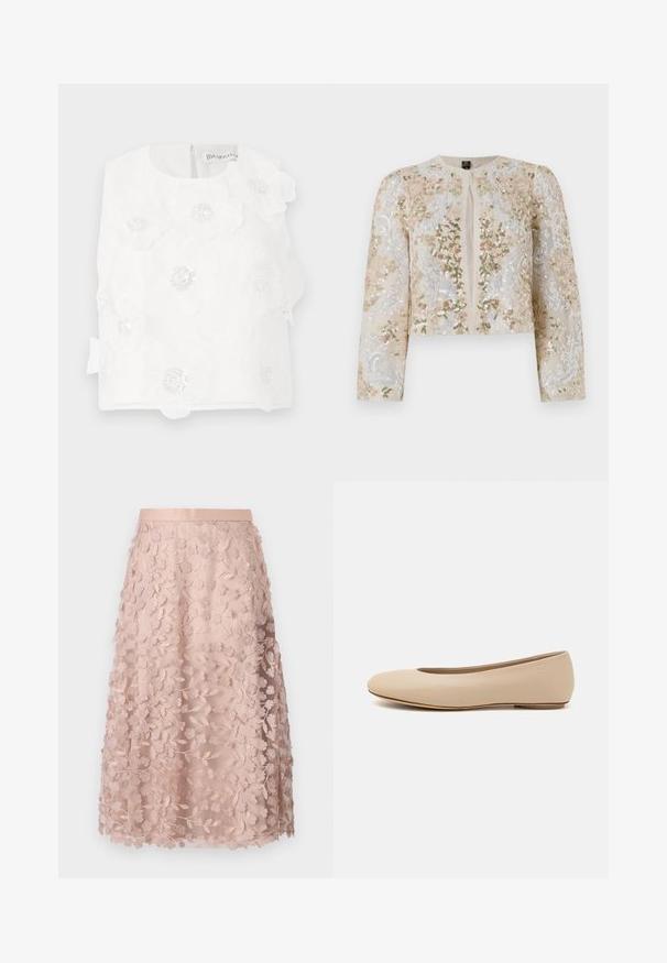 Vyšívaná zkrácená bunda v béžové barvě s květinovými motivy v růžové, zelené a modré. Má dlouhé rukávy a kulatý výstřih.; Bílý bezrukávový top s vyšívanými květinami, korálkovými detaily a hladkým povrchem. Zapínání na zadní straně s malým, diskrétním zipem.; Krajková midi sukně v jemně růžové barvě s květinovou výšivkou, která má přiléhavý pas a vrstvený design, zdůrazňující jemnou strukturu.; Béžové kožené baletní byty s kulatou špičkou, minimálním prošíváním, nízkým podpatkem a decentním logem na zadní straně. Hladký, matný povrch.
