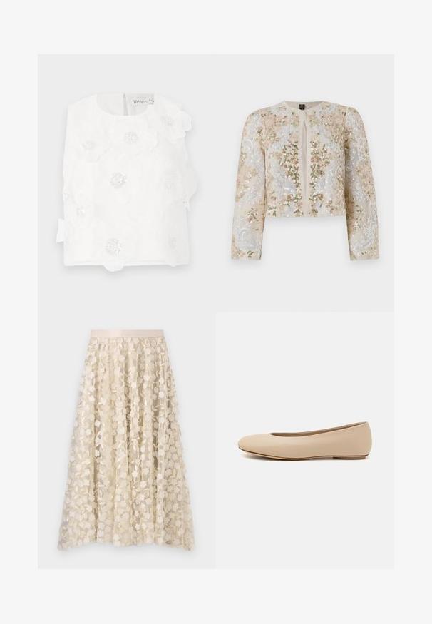 Jachetă scurtă brodată în bej, cu motive florale în roz, verde și albastru. Are mâneci lungi și decolteu rotund.; Top alb fără mâneci, cu flori brodate, detalii cu mărgele și o textură netedă. Închidere la spate cu un fermoar mic, discret.; Broderie florală pe o fustă transparentă, de culoare crem, cu un brâu de satin. Designul include flori mici și delicate, precum și frunze.; Balerini din piele bej, cu vârful rotund, detalii de cusătură minime, toc mic și un logo subtil pe partea din spate. Textură netedă, mată.