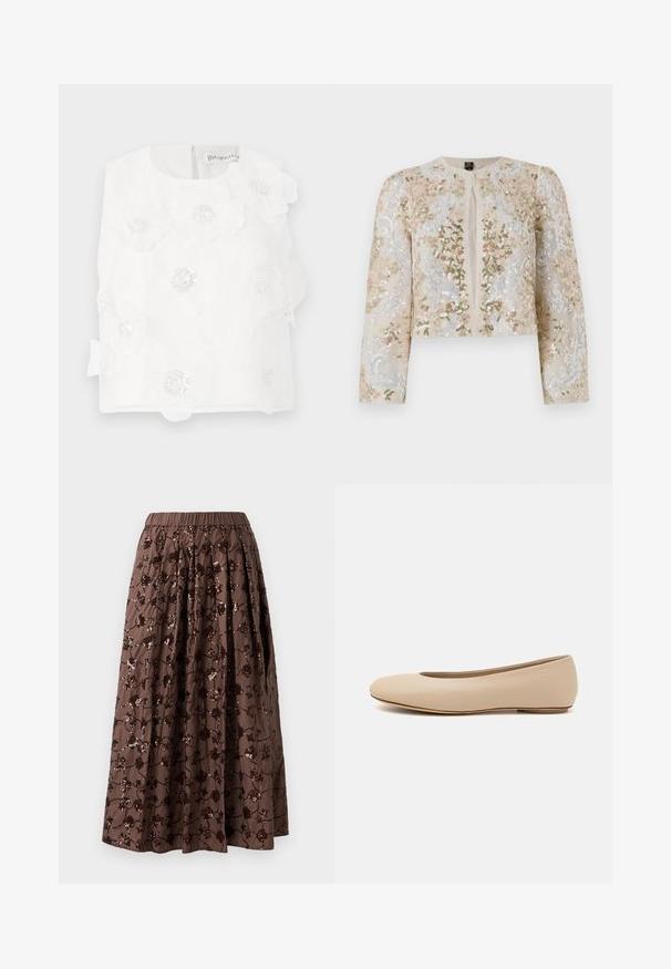 Embroidered cropped jacket in beige with floral motifs in pink, green, and blue. Features long sleeves and a round neckline.; White sleeveless top featuring embroidered flowers, beaded accents, and a smooth texture. Closure at the back with a small, discreet zip.; Brown midi skirt with an elastic waistband, featuring floral sequin embellishments, pleated design, and a smooth fabric texture.; Beige leather ballet flat with rounded toe, minimal seam detailing, low heel, and subtle logo on the back. Smooth, matte texture.