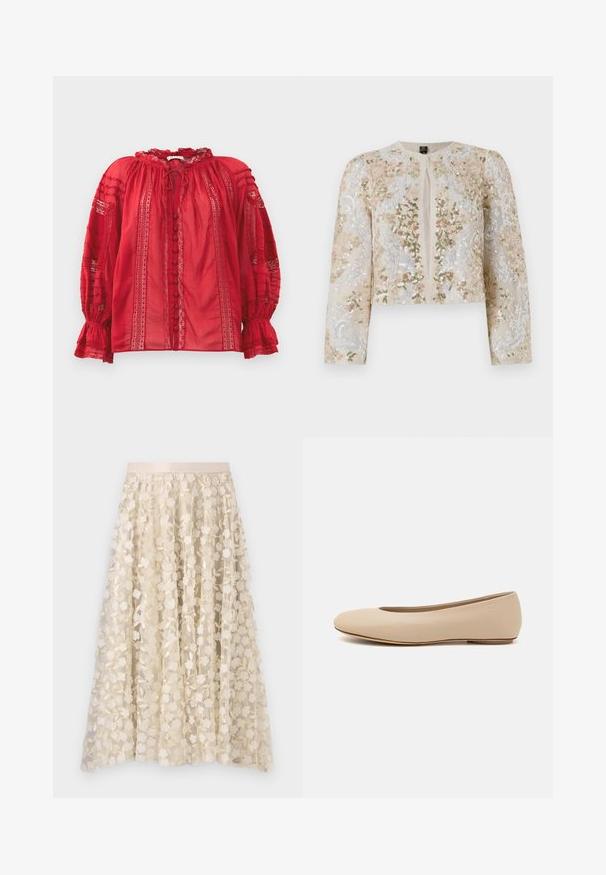 Giacca cropped ricamata in beige con motivi floreali in rosa, verde e blu. Presenta maniche lunghe e scollo rotondo.; Blusa rossa in pizzo con scollo arricciato, bottoni frontali e dettagli intricati sulle maniche e sul corpo.; Ricamo floreale su una gonna trasparente color crema con una vita in satin. Il design presenta piccoli e delicati fiori e foglie.; Ballerine in pelle beige con punta arrotondata, dettagli di cucitura minimi, tacco basso e logo discreto sul retro. Texture liscia e opaca.