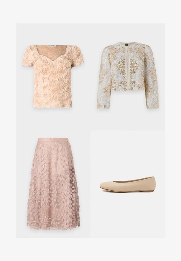 Bestickte, taillierte Jacke in Beige mit blühenden Motiven in Pink, Grün und Blau. Verfügt über lange Ärmel und einen runden Ausschnitt.; Ida Sjöstedt LOUISE - Bluse - light beige; Spitzen-Midirock in sanftem Rosa mit floralen Stickereien, ausgelegt mit einem figurbetonten Bund und einem geschichteten Design, das eine zarte Textur betont.; Beige Leder-Ballerina mit runder Zehenform, minimaler Nahtgestaltung, niedrigem Absatz und dezentem Logo auf der Rückseite. Glatte, matten Oberfläche.