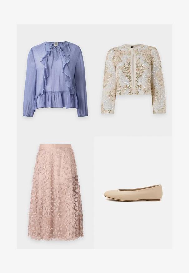 Giacca cropped ricamata in beige con motivi floreali in rosa, verde e blu. Presenta maniche lunghe e scollo rotondo.; Blusa azzurro chiaro a maniche lunghe con colletto arricciato e orlo peplum, realizzata in un tessuto testurizzato, con un dettaglio a fiocco al colletto.; Gonna midi in pizzo rosa pallido con ricami floreali, caratterizzata da una vita aderente e un design a strati, che esalta una texture delicata.; Ballerine in pelle beige con punta arrotondata, dettagli di cucitura minimi, tacco basso e logo discreto sul retro. Texture liscia e opaca.