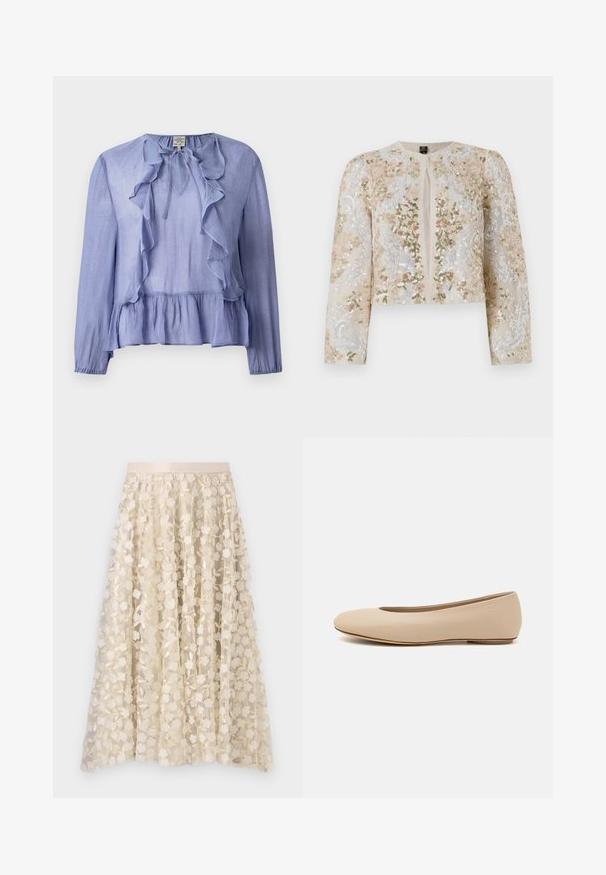 Izšūta īsā jakas stila virsjaka bēšā krāsā ar ziedu motīviem rozā, zaļā un zilā krāsā. Iespējami gari piedurknes un apaļa kakla izgriezums.; Gaiši zila garām piedurknēm blūze ar krokošotu apkakli un pepluma apakšmalu, izgatavota no teksturēta auduma, ar saišu detaļu apkaklī.; Ziedu izšuvums uz caurspīdīgas, krēmkrāsas svārku ar samta jostu. Dizainā ir nelieli, smalki ziedi un lapas.; Bežs ādas deju zābaciņš ar noapaļu purngalu, minimālu šuvju detaļām, zemu papēdi un diskrētu logotipu aizmugurē. Gluda, matēta tekstūra.