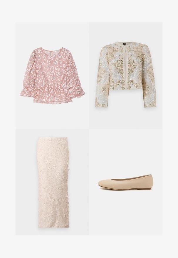 Bestickte, taillierte Jacke in Beige mit blühenden Motiven in Pink, Grün und Blau. Verfügt über lange Ärmel und einen runden Ausschnitt.; Rosa durchsichtige Bluse mit weißen Blumenmustern, rundem Halsausschnitt, Puffärmeln und gerafftem Bund, mit einem Reißverschluss auf der Rückseite.; Cremefarbene Bleistiftskirt aus Spitze mit floralen Applikationen. Das Design ist tailliert und weist eine glatte Textur sowie detaillierte Verzierungen auf.; Beige Leder-Ballerina mit runder Zehenform, minimaler Nahtgestaltung, niedrigem Absatz und dezentem Logo auf der Rückseite. Glatte, matten Oberfläche.