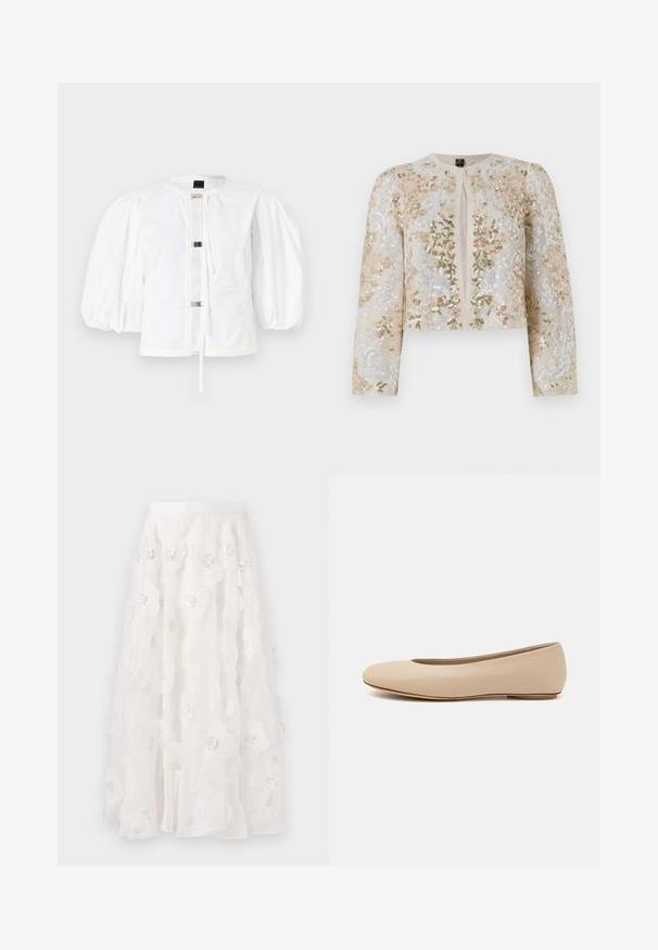 Jachetă scurtă brodată în bej, cu motive florale în roz, verde și albastru. Are mâneci lungi și decolteu rotund.; Jachetă albă cu mâneci bufante, cu croială dreaptă, prezentând o închidere frontală cu catarame metalice și un guler rotund. Material din bumbac neted.; Fustă albă, până la genunchi, cu broderie florală și paiete argintii. Material ușor, fluid, cu straturi volan și talie ajustată.; Balerini din piele bej, cu vârful rotund, detalii de cusătură minime, toc mic și un logo subtil pe partea din spate. Textură netedă, mată.