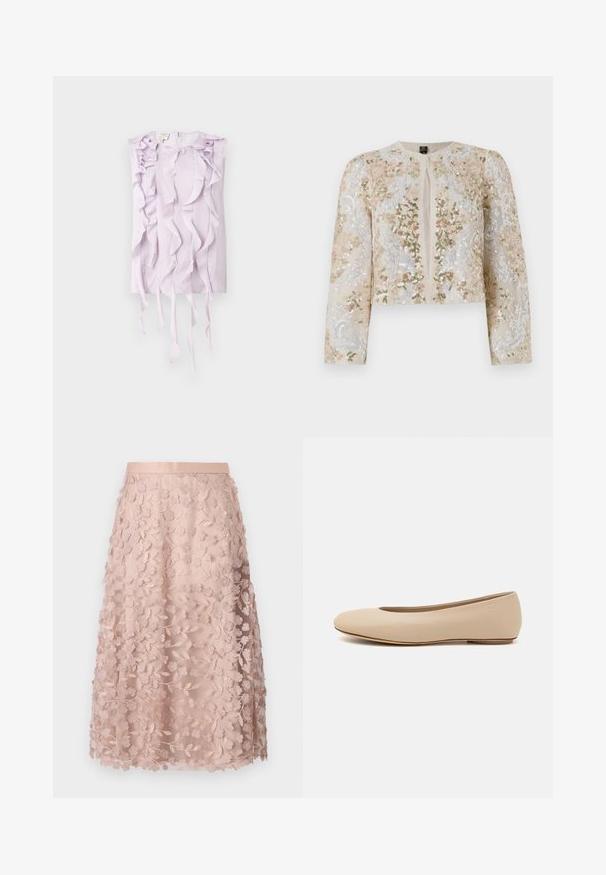 Vyšívaná zkrácená bunda v béžové barvě s květinovými motivy v růžové, zelené a modré. Má dlouhé rukávy a kulatý výstřih.; Levandulová top bez rukávů s texturovanou tkaninou a volány, které kaskádovitě padají vpředu a po stranách. Zapínání na zip na zadní straně.; Krajková midi sukně v jemně růžové barvě s květinovou výšivkou, která má přiléhavý pas a vrstvený design, zdůrazňující jemnou strukturu.; Béžové kožené baletní byty s kulatou špičkou, minimálním prošíváním, nízkým podpatkem a decentním logem na zadní straně. Hladký, matný povrch.