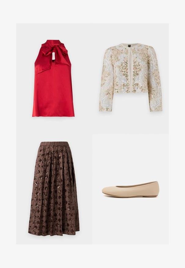 Embroidered cropped jacket in beige with floral motifs in pink, green, and blue. Features long sleeves and a round neckline.; Red satin sleeveless top with a high neck, tied bow accent, and a keyhole cutout. Smooth texture and flowing design.; Brown midi skirt with an elastic waistband, featuring floral sequin embellishments, pleated design, and a smooth fabric texture.; Beige leather ballet flat with rounded toe, minimal seam detailing, low heel, and subtle logo on the back. Smooth, matte texture.