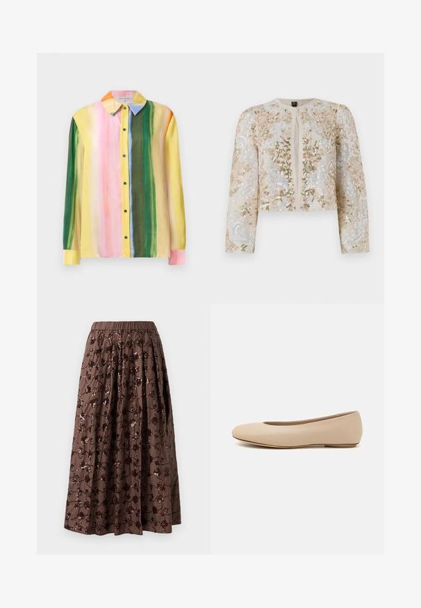 Hímesített, bézs színű, cropped dzseki rózsaszín, zöld és kék virágmotívumokkal. Hosszú ujjaival és kerek nyakkivágásával rendelkezik.; Színes, hosszú ujjú blúz, függőleges csíkokkal rózsaszín, sárga, zöld és narancs színben. Simító anyagból készült, galléros nyakkal és gombos elülső résszel.; Barna midi szoknya elasztikus derékrésszel, virágos flitteres díszítéssel, pliszírozott kialakítással és sima szövet textúrával.; Beige bőr balettcipő lekerekített orral, minimális varrás részletekkel, alacsony sarkú és diszkrét logóval a hátsó részen. Simább, matt textúrájú.