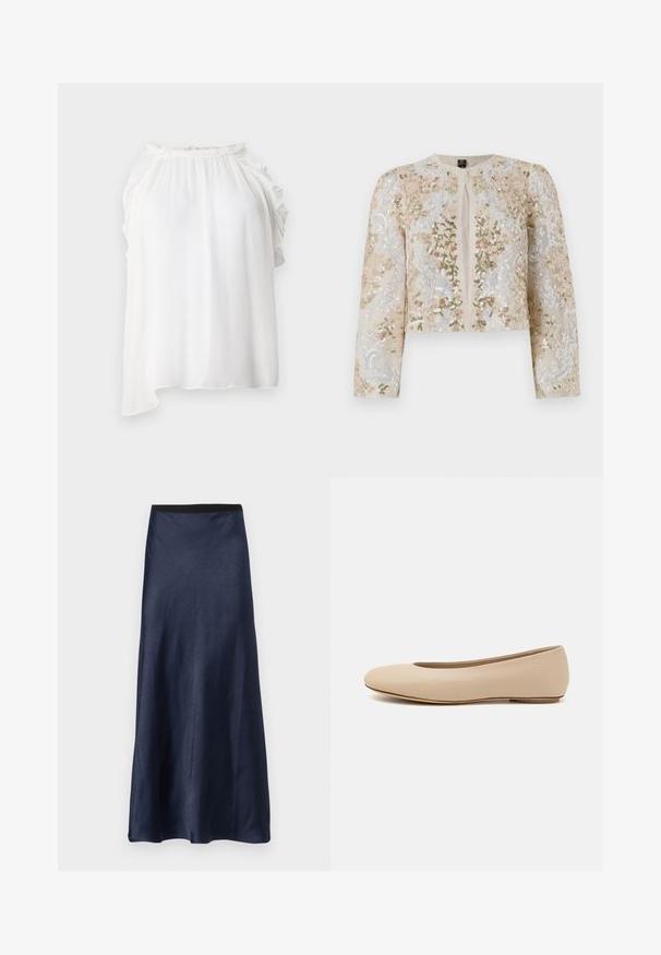 Embroidered cropped jacket in beige with floral motifs in pink, green, and blue. Features long sleeves and a round neckline.; White sleeveless top made from lightweight, textured fabric. Features ruffled accents along the neckline and shoulders. Asymmetrical hem.; Navy satin midi skirt with a smooth texture, flared design, and a black elastic waistband. No patterns or visible hardware.; Beige leather ballet flat with rounded toe, minimal seam detailing, low heel, and subtle logo on the back. Smooth, matte texture.