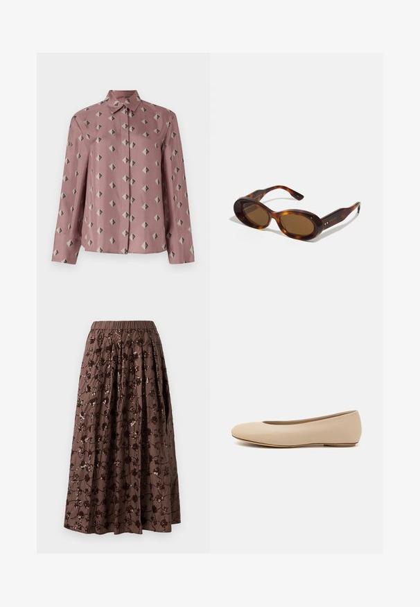 Jachetă scurtă brodată în bej, cu motive florale în roz, verde și albastru. Are mâneci lungi și decolteu rotund.; Cămașă cu nasturi dintr-un material roz moale, având un model geometric cu diamante și triunghiuri în nuanțe de gri și negru. Mâneci lungi, guler clasic.; Fustă midi maro cu talie elastică, prezentând embellishments florale din paiete, design pliat și o textură de material fin.; Balerini din piele bej, cu vârful rotund, detalii de cusătură minime, toc mic și un logo subtil pe partea din spate. Textură netedă, mată.; Ochelari de soare din scoică cu lentile ovale, nuanță de maro și accente aurii pe brațe. Cadre groase cu un finisaj lucios și o textură netedă.