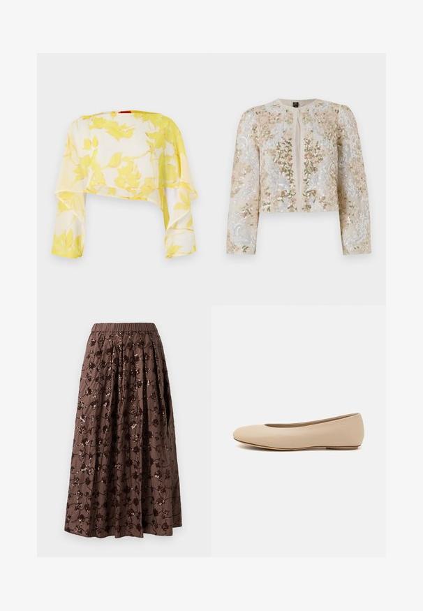 Embroidered cropped jacket in beige with floral motifs in pink, green, and blue. Features long sleeves and a round neckline.; Sheer cropped top in yellow floral print. Lightweight, flowing material with long sleeves. Soft texture and relaxed drape.; Brown midi skirt with an elastic waistband, featuring floral sequin embellishments, pleated design, and a smooth fabric texture.; Beige leather ballet flat with rounded toe, minimal seam detailing, low heel, and subtle logo on the back. Smooth, matte texture.