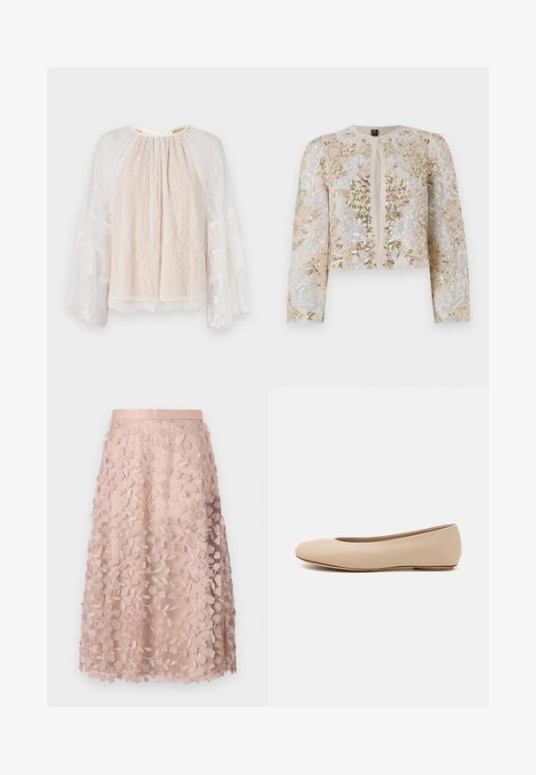 Izšūta īsā jakas stila virsjaka bēšā krāsā ar ziedu motīviem rozā, zaļā un zilā krāsā. Iespējami gari piedurknes un apaļa kakla izgriezums.; Alice + Olivia DELIA RUFFLE TUNIC - Blūze - off white; Mežģīņu midi svārki maigā pinka krāsā ar ziedu izšuvumu, ar pieguļošu vidukļa līniju un slāņainu dizainu, izceļot smalku tekstūru.; Bežs ādas deju zābaciņš ar noapaļu purngalu, minimālu šuvju detaļām, zemu papēdi un diskrētu logotipu aizmugurē. Gluda, matēta tekstūra.