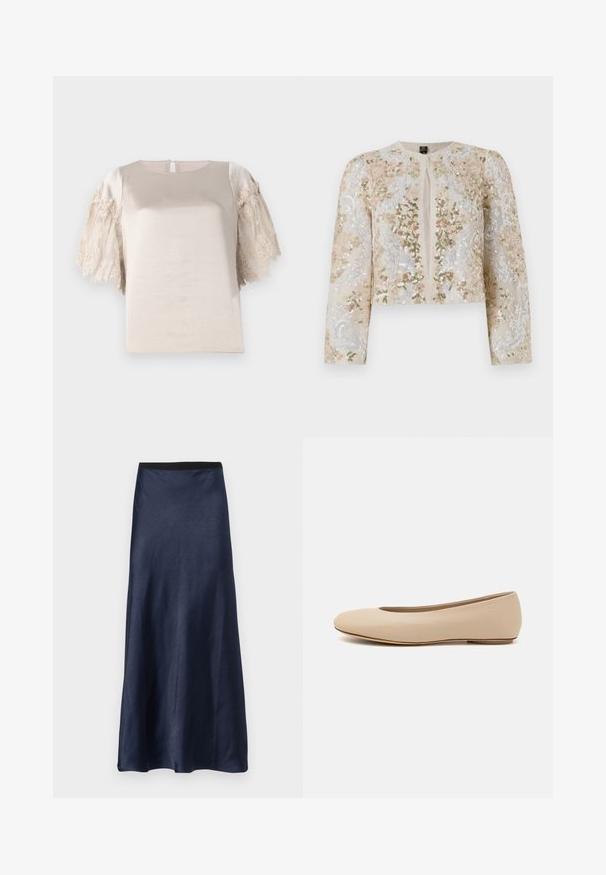 Beige siuvinėtas trumpas švarkas su rožinėmis, žaliomis ir mėlynomis gėlėmis. Turi ilgas rankoves ir apvalų iškirpimą.; Šviesiai pilkas viršus su trumpomis, nėriniuota rankovėmis; lygi tekstūra, apvaliu iškirpimu ir raktu formos atidarymu nugaroje.; Tamsiai mėlyna satino midi sijonas su sklandžiu paviršiumi, platėjančia forma ir juodu elastingu juosmeniu. Be raštų ar matomų detalių.; Šviesiai ruda odinė baleto bateliai su apvaliu galiuku, minimaliais siūlių detalėmis, žemu kulnu ir subtiliu logotipu gale. Lygi, matinė tekstūra.