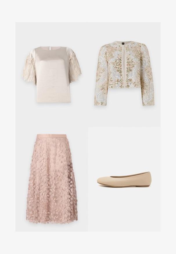 Vyvŕtaná skrátená bunda béžovej farby s kvetinovými motívmi v ružovej, zelenej a modrej. Má dlhé rukávy a okrúhly výstrih.; Béžový top s krátkymi rukávmi zdobenými čipkou; hladká textúra s okrúhlym výstrihom a otváraním na chrbte v tvare kľúčovej dierky.; Krajková midi sukňa v jemnej ružovej farbe s kvetinovou výšivkou, so zúženým pásom a vrstveným designom, ktorá podčiarkuje jemnú textúru.; Béžové kožené baleríny s okrúhlym prstom, minimálnym švom, nízkym podpätkom a diskrétnym logom na zadnej strane. Hladká, matná textura.