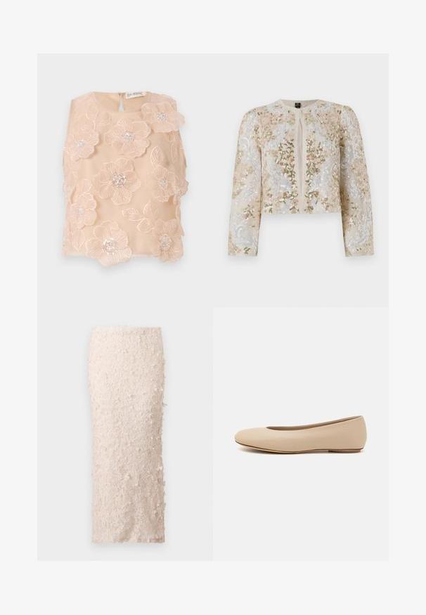 Bestickte, taillierte Jacke in Beige mit blühenden Motiven in Pink, Grün und Blau. Verfügt über lange Ärmel und einen runden Ausschnitt.; Blumengesticktes Top aus sanftem Pfirsichstoff, verziert mit 3D-Blumen mit Perlenmitten und einem Schlüssellochverschluss auf der Rückseite. Weiche Textur.; Cremefarbene Bleistiftskirt aus Spitze mit floralen Applikationen. Das Design ist tailliert und weist eine glatte Textur sowie detaillierte Verzierungen auf.; Beige Leder-Ballerina mit runder Zehenform, minimaler Nahtgestaltung, niedrigem Absatz und dezentem Logo auf der Rückseite. Glatte, matten Oberfläche.
