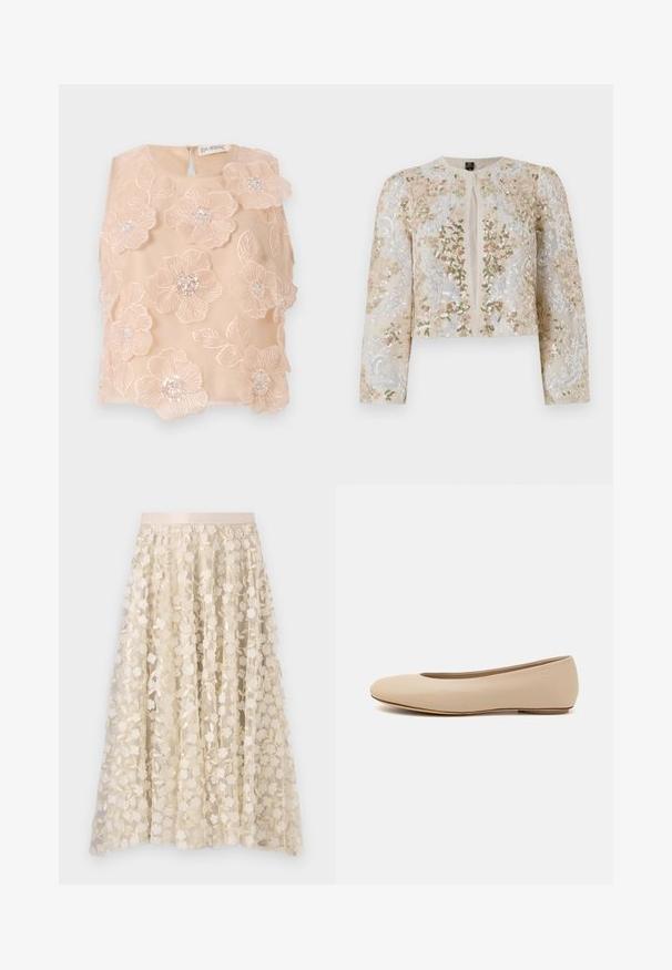 Hímesített, bézs színű, cropped dzseki rózsaszín, zöld és kék virágmotívumokkal. Hosszú ujjaival és kerek nyakkivágásával rendelkezik.; Virágmintás hímzett felső lágy barack színű anyagból, 3D virágokkal, gyöngyökkel díszített középponttal és kulcslyuk hátkivágással. Simogató tapintás.; Virágos hímzés egy áttetsző, krém színű szoknyán, selyem derékkal. A mintázat kis, finom virágokat és leveleket ábrázol.; Beige bőr balettcipő lekerekített orral, minimális varrás részletekkel, alacsony sarkú és diszkrét logóval a hátsó részen. Simább, matt textúrájú.