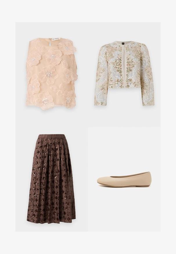Embroidered cropped jacket in beige with floral motifs in pink, green, and blue. Features long sleeves and a round neckline.; Floral embroidered top in soft peach fabric, featuring 3D flowers with beaded centers and a keyhole back closure. Smooth texture.; Brown midi skirt with an elastic waistband, featuring floral sequin embellishments, pleated design, and a smooth fabric texture.; Beige leather ballet flat with rounded toe, minimal seam detailing, low heel, and subtle logo on the back. Smooth, matte texture.