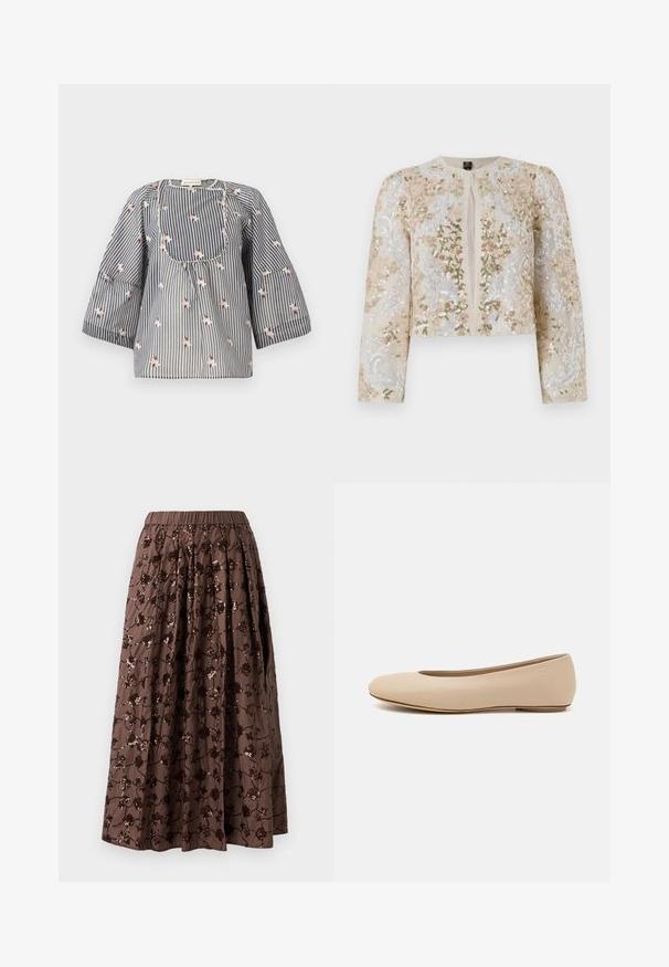 Giacca cropped ricamata in beige con motivi floreali in rosa, verde e blu. Presenta maniche lunghe e scollo rotondo.; Blusa a righe blu e bianca con ricami floreali, scollo rotondo, maniche a tre quarti e corpetto arricciato per una vestibilità comoda.; Gonna midi marrone con vita elastica, caratterizzata da decorazioni floreali in paillettes, design plissettato e una texture di tessuto liscia.; Ballerine in pelle beige con punta arrotondata, dettagli di cucitura minimi, tacco basso e logo discreto sul retro. Texture liscia e opaca.