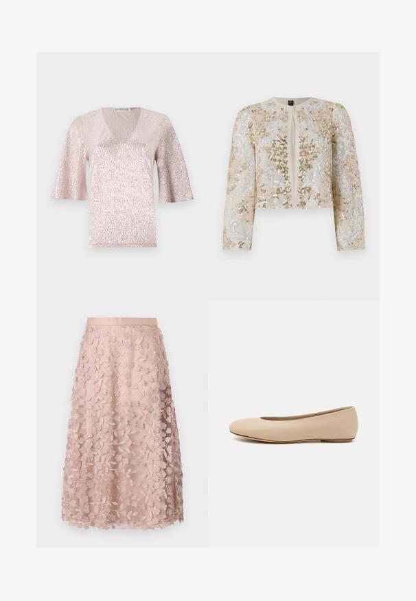 Izšūta īsā jakas stila virsjaka bēšā krāsā ar ziedu motīviem rozā, zaļā un zilā krāsā. Iespējami gari piedurknes un apaļa kakla izgriezums.; Rozā, īsām piedurknēm tops ar V-veida kakla izgriezumu, kas atgādina faktūru un ir ar spīdumu. Audumam ir metalizēts, spīdīgs apdare.; Mežģīņu midi svārki maigā pinka krāsā ar ziedu izšuvumu, ar pieguļošu vidukļa līniju un slāņainu dizainu, izceļot smalku tekstūru.; Bežs ādas deju zābaciņš ar noapaļu purngalu, minimālu šuvju detaļām, zemu papēdi un diskrētu logotipu aizmugurē. Gluda, matēta tekstūra.