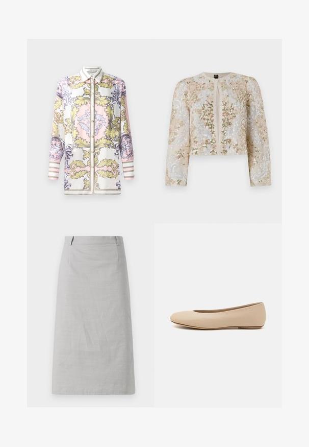 Embroidered cropped jacket in beige with floral motifs in pink, green, and blue. Features long sleeves and a round neckline.; Long-sleeve button-up shirt featuring a pink, yellow, and purple baroque pattern, with a contrasting white collar and striped cuffs.; Gray pencil skirt with a smooth texture, fitted shape, and a flat waistband, featuring side seams and no visible patterns or accents.; Beige leather ballet flat with rounded toe, minimal seam detailing, low heel, and subtle logo on the back. Smooth, matte texture.