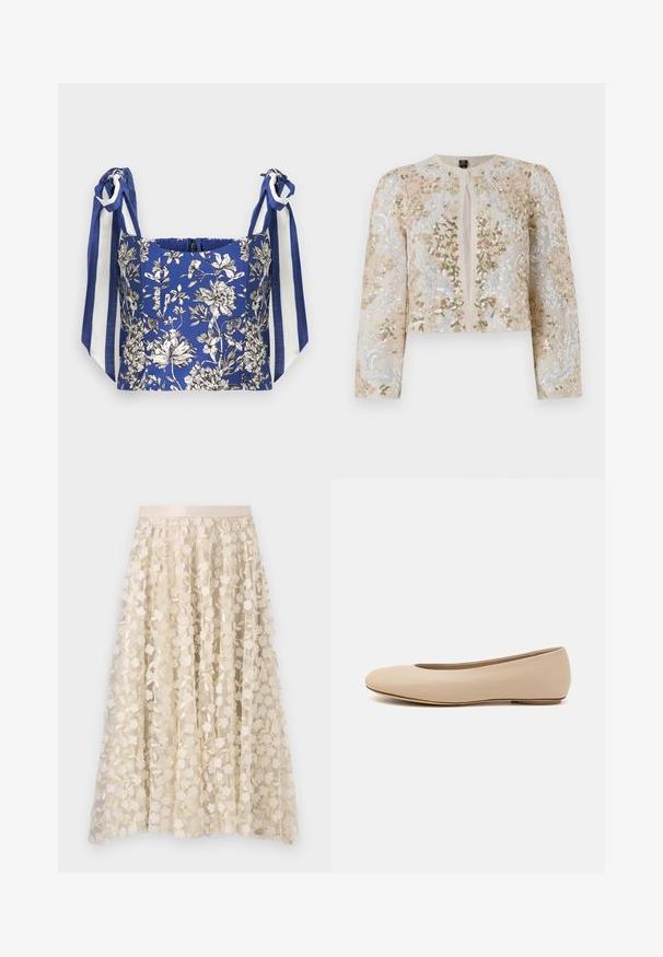 Giacca cropped ricamata in beige con motivi floreali in rosa, verde e blu. Presenta maniche lunghe e scollo rotondo.; Top corto floreale blu con fiori dettagliati in bianco e nero, dotato di larghe spalline a righe blu e bianche.; Ricamo floreale su una gonna trasparente color crema con una vita in satin. Il design presenta piccoli e delicati fiori e foglie.; Ballerine in pelle beige con punta arrotondata, dettagli di cucitura minimi, tacco basso e logo discreto sul retro. Texture liscia e opaca.