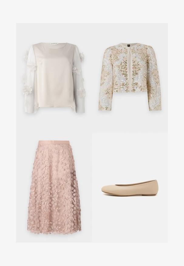 Vyšívaná zkrácená bunda v béžové barvě s květinovými motivy v růžové, zelené a modré. Má dlouhé rukávy a kulatý výstřih.; Béžový top s hladkým tělem z látky a průsvitnými rukávy s květinovými akcenty, které mají podél okrajů vrstvené květinové detaily.; Krajková midi sukně v jemně růžové barvě s květinovou výšivkou, která má přiléhavý pas a vrstvený design, zdůrazňující jemnou strukturu.; Béžové kožené baletní byty s kulatou špičkou, minimálním prošíváním, nízkým podpatkem a decentním logem na zadní straně. Hladký, matný povrch.