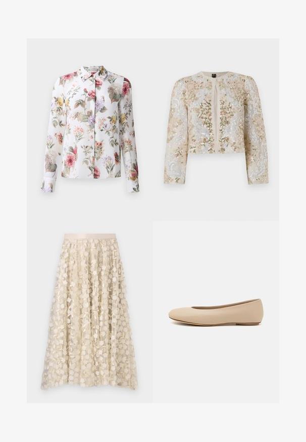 Giacca cropped ricamata in beige con motivi floreali in rosa, verde e blu. Presenta maniche lunghe e scollo rotondo.; Blusa floreale con maniche lunghe, chiusura frontale con bottoni e uno sfondo bianco. Caratterizzata da fiori rosa, viola e gialli su un tessuto leggero.; Ricamo floreale su una gonna trasparente color crema con una vita in satin. Il design presenta piccoli e delicati fiori e foglie.; Ballerine in pelle beige con punta arrotondata, dettagli di cucitura minimi, tacco basso e logo discreto sul retro. Texture liscia e opaca.