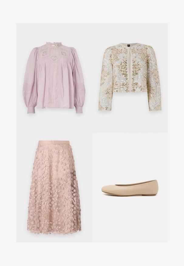 Beżowa haftowana kurtka o kroju crop z kwiatowymi motywami w kolorze różowym, zielonym i niebieskim. Posiada długie rękawy i okrągły dekolt.; Vanessa Bruno CALIN jasnoróżowy; Koronkowa spódnica midi w delikatnym różu z kwiatowym haftem, z dopasowaną tasiemką w pasie i warstwowym designem, podkreślająca delikatną fakturę.; Beżowe skórzane baleriny z zaokrąglonym noskiem, minimalnymi szwami, niskim obcasem oraz subtelnym logo z tyłu. Gładka, matowa tekstura.