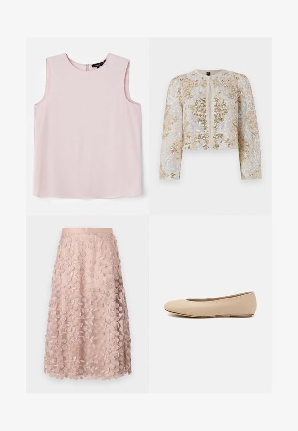 Giacca cropped ricamata in beige con motivi floreali in rosa, verde e blu. Presenta maniche lunghe e scollo rotondo.; Blusa senza maniche di un leggero colore rosa con scollatura rotonda e una zip discreta sul retro. Tessuto morbido con una vestibilità rilassata e squadrata.; Gonna midi in pizzo rosa pallido con ricami floreali, caratterizzata da una vita aderente e un design a strati, che esalta una texture delicata.; Ballerine in pelle beige con punta arrotondata, dettagli di cucitura minimi, tacco basso e logo discreto sul retro. Texture liscia e opaca.