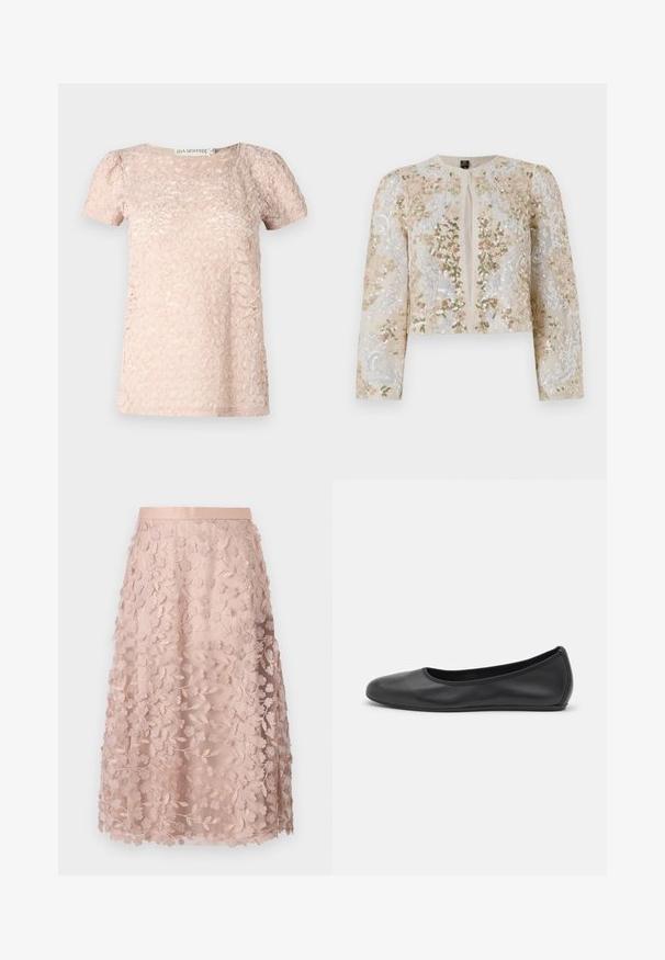 Jachetă scurtă brodată în bej, cu motive florale în roz, verde și albastru. Are mâneci lungi și decolteu rotund.; Top scurt cu mânecă, de culoare roz deschis, cu un model texturat, gât rotund și mâneci ușor bufante. Fabricat dintr-un material moale și ușor.; Fustă midi din dantelă în roz deschis cu broderie florală, având un talie ajustată și un design în straturi, accentuând o textură delicată.; Balerini din piele neagră, cu vârf rotund, textură netedă, detalii de cusătură minimale și un design al tălpii flexibil.