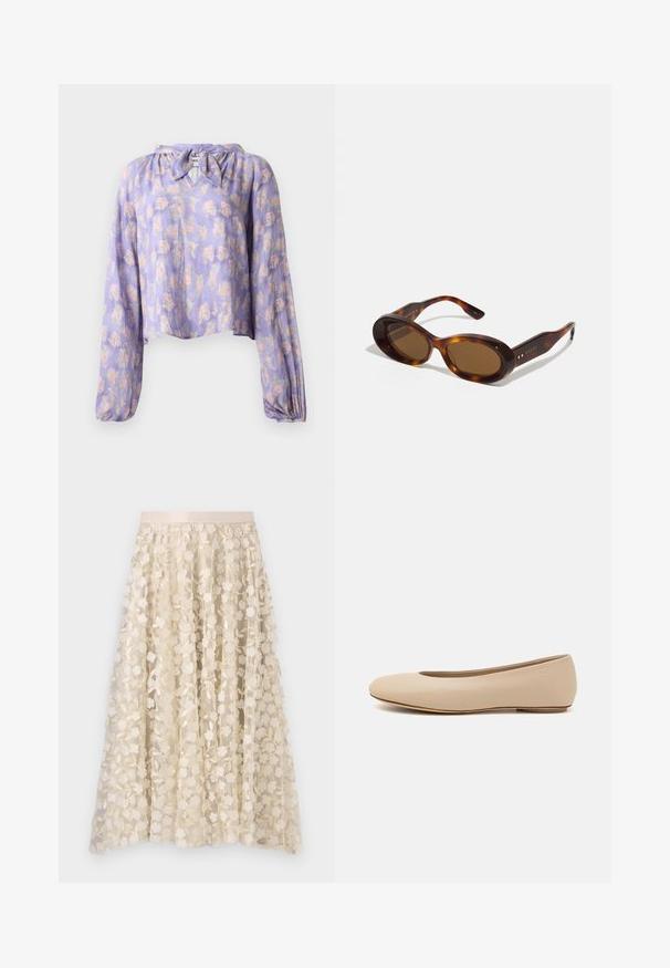 Bestickte, taillierte Jacke in Beige mit blühenden Motiven in Pink, Grün und Blau. Verfügt über lange Ärmel und einen runden Ausschnitt.; Blumenbluse aus helllila Stoff mit langen puffierten Ärmel und gebundenem Ausschnitt. Mit einem zarten Druck von pinken und grünen Blumen.; Blumenstickerei auf einem transparenten, crèmefarbenen Rock mit einem Satinbund. Das Design zeigt kleine, zarte Blumen und Blätter.; Beige Leder-Ballerina mit runder Zehenform, minimaler Nahtgestaltung, niedrigem Absatz und dezentem Logo auf der Rückseite. Glatte, matten Oberfläche.; Schildpatt-Sonnenbrille mit ovalen Gläsern, braunem Farbton und goldenen Akzenten an den Bügeln. Dicke Rahmen mit glänzender Oberfläche und glatter Textur.