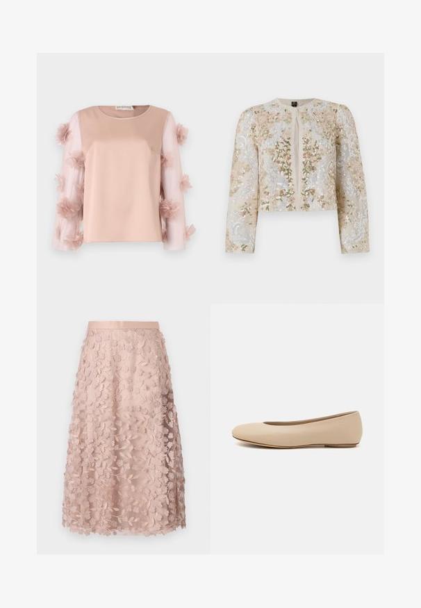 Jachetă scurtă brodată în bej, cu motive florale în roz, verde și albastru. Are mâneci lungi și decolteu rotund.; Top roz deschis cu un corp din satin solid. Mâneci transparente ce prezintă flori din țesătură dispersate, adăugând textură și detaliu. Decolteu rotunjit.; Fustă midi din dantelă în roz deschis cu broderie florală, având un talie ajustată și un design în straturi, accentuând o textură delicată.; Balerini din piele bej, cu vârful rotund, detalii de cusătură minime, toc mic și un logo subtil pe partea din spate. Textură netedă, mată.