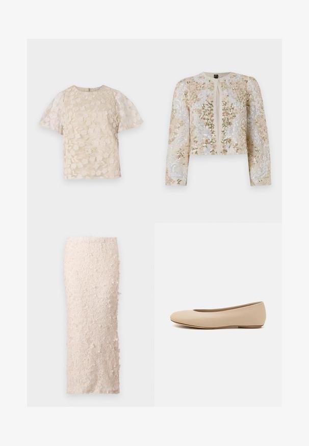 Bestickte, taillierte Jacke in Beige mit blühenden Motiven in Pink, Grün und Blau. Verfügt über lange Ärmel und einen runden Ausschnitt.; Beige Bluse mit floralem Stickmuster, durchsichtigen Puffärmel, Rundhalsausschnitt und Reißverschluss hinten. Texturiertes Blumenmuster auf der Vorderseite.; Cremefarbene Bleistiftskirt aus Spitze mit floralen Applikationen. Das Design ist tailliert und weist eine glatte Textur sowie detaillierte Verzierungen auf.; Beige Leder-Ballerina mit runder Zehenform, minimaler Nahtgestaltung, niedrigem Absatz und dezentem Logo auf der Rückseite. Glatte, matten Oberfläche.