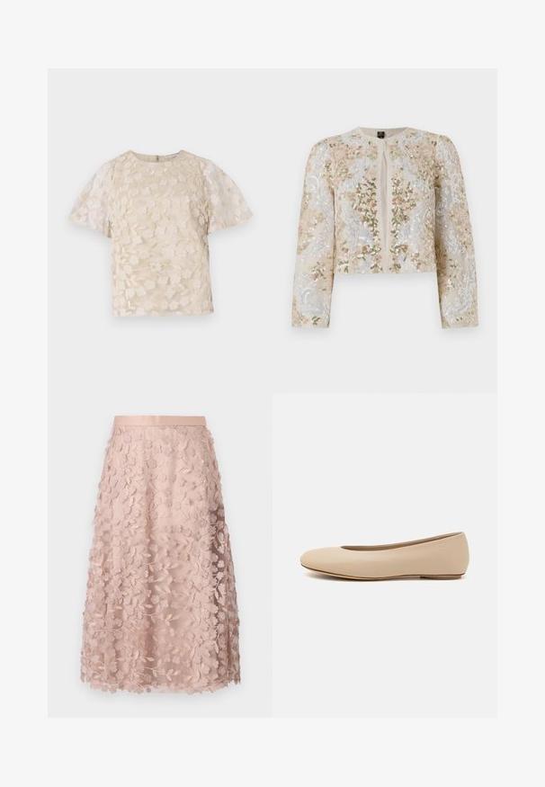 Bestickte, taillierte Jacke in Beige mit blühenden Motiven in Pink, Grün und Blau. Verfügt über lange Ärmel und einen runden Ausschnitt.; Beige Bluse mit floralem Stickmuster, durchsichtigen Puffärmel, Rundhalsausschnitt und Reißverschluss hinten. Texturiertes Blumenmuster auf der Vorderseite.; Spitzen-Midirock in sanftem Rosa mit floralen Stickereien, ausgelegt mit einem figurbetonten Bund und einem geschichteten Design, das eine zarte Textur betont.; Beige Leder-Ballerina mit runder Zehenform, minimaler Nahtgestaltung, niedrigem Absatz und dezentem Logo auf der Rückseite. Glatte, matten Oberfläche.