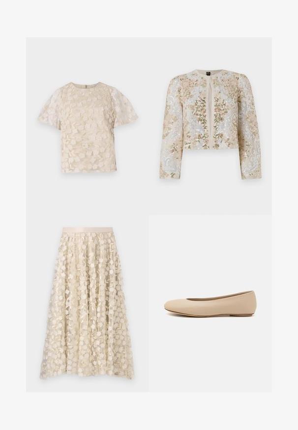 Giacca cropped ricamata in beige con motivi floreali in rosa, verde e blu. Presenta maniche lunghe e scollo rotondo.; Blusa beige con ricami floreali, maniche a sbuffo trasparenti, scollatura tonda e chiusura con cerniera sul retro. Motivo floreale testurizzato sul pannello anteriore.; Ricamo floreale su una gonna trasparente color crema con una vita in satin. Il design presenta piccoli e delicati fiori e foglie.; Ballerine in pelle beige con punta arrotondata, dettagli di cucitura minimi, tacco basso e logo discreto sul retro. Texture liscia e opaca.