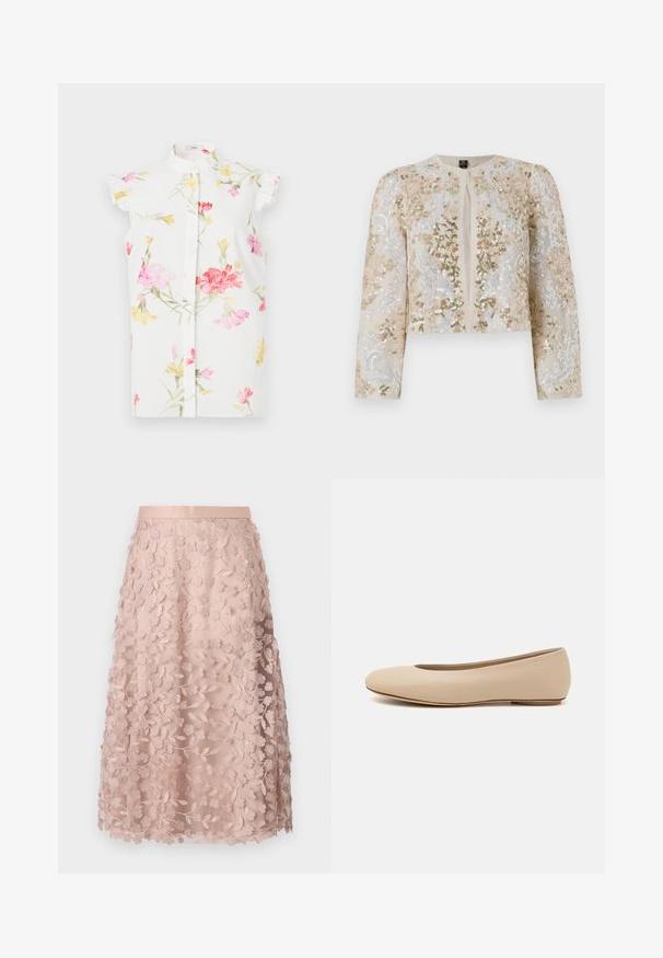 Vyvŕtaná skrátená bunda béžovej farby s kvetinovými motívmi v ružovej, zelenej a modrej. Má dlhé rukávy a okrúhly výstrih.; Biela krátkospoločenská košeľa s postaveným golierom, so vzorom kvetov v ružovej, červenej a žltej farbe, a jemným volánom na rukávoch.; Krajková midi sukňa v jemnej ružovej farbe s kvetinovou výšivkou, so zúženým pásom a vrstveným designom, ktorá podčiarkuje jemnú textúru.; Béžové kožené baleríny s okrúhlym prstom, minimálnym švom, nízkym podpätkom a diskrétnym logom na zadnej strane. Hladká, matná textura.
