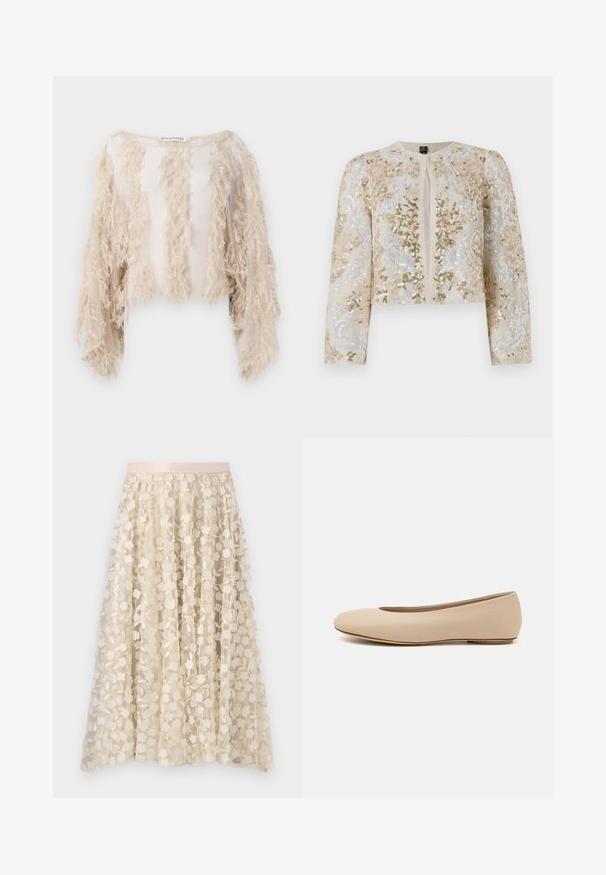 Izšūta īsā jakas stila virsjaka bēšā krāsā ar ziedu motīviem rozā, zaļā un zilā krāsā. Iespējami gari piedurknes un apaļa kakla izgriezums.; Kreps ar īsām piedurknēm, kas izgatavots bēšā krāsā, ar teksturētām frēzēm priekšā un uz piedurknēm. Caurspīdīga auduma, ar gludu iekšējo odere.; Ziedu izšuvums uz caurspīdīgas, krēmkrāsas svārku ar samta jostu. Dizainā ir nelieli, smalki ziedi un lapas.; Bežs ādas deju zābaciņš ar noapaļu purngalu, minimālu šuvju detaļām, zemu papēdi un diskrētu logotipu aizmugurē. Gluda, matēta tekstūra.