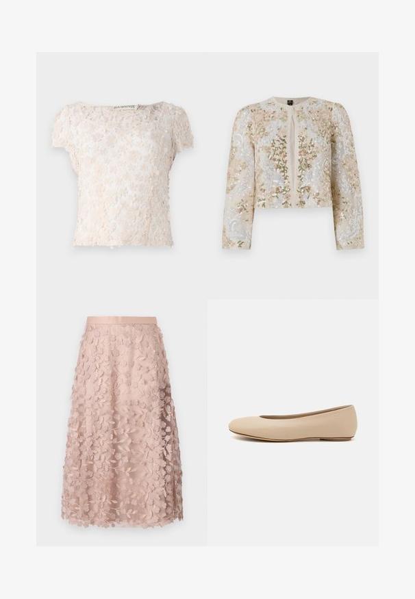Embroidered cropped jacket in beige with floral motifs in pink, green, and blue. Features long sleeves and a round neckline.; Lace top in light beige, featuring floral appliqués across the fabric, short sleeves, and a rounded neckline. Textured and delicate design.; Lace midi skirt in soft pink with floral embroidery, featuring a fitted waistband and layered design, accentuating a delicate texture.; Beige leather ballet flat with rounded toe, minimal seam detailing, low heel, and subtle logo on the back. Smooth, matte texture.