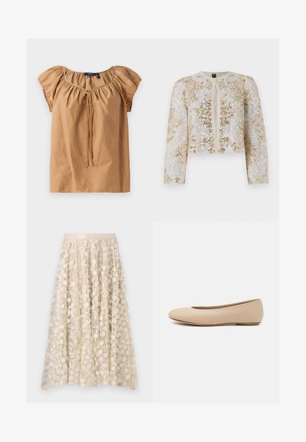Embroidered cropped jacket in beige with floral motifs in pink, green, and blue. Features long sleeves and a round neckline.; Brown, short-sleeve top in lightweight fabric. Features a gathered neckline with a tie detail. Smooth texture with a relaxed fit.; Floral embroidery on a sheer, cream-colored skirt with a satin waistband. The design features small, delicate flowers and leaves.; Beige leather ballet flat with rounded toe, minimal seam detailing, low heel, and subtle logo on the back. Smooth, matte texture.