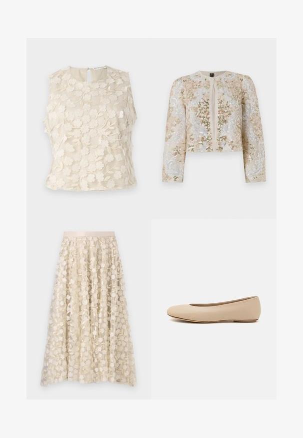 Embroidered cropped jacket in beige with floral motifs in pink, green, and blue. Features long sleeves and a round neckline.; Cream sleeveless top with floral embroidery, featuring a round neckline and keyhole back. Sheer fabric with delicate detailing and texture.; Floral embroidery on a sheer, cream-colored skirt with a satin waistband. The design features small, delicate flowers and leaves.; Beige leather ballet flat with rounded toe, minimal seam detailing, low heel, and subtle logo on the back. Smooth, matte texture.