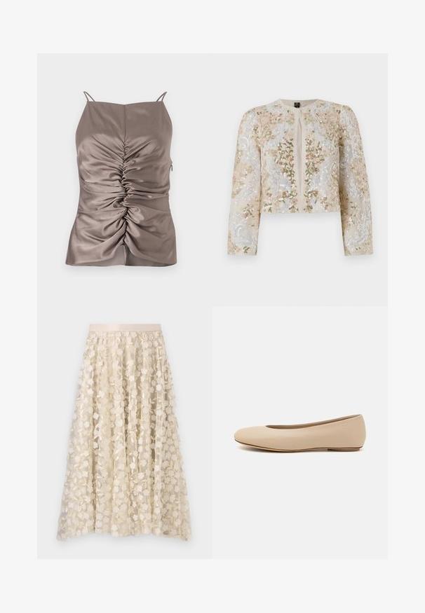 Izšūta īsā jakas stila virsjaka bēšā krāsā ar ziedu motīviem rozā, zaļā un zilā krāsā. Iespējami gari piedurknes un apaļa kakla izgriezums.; Zīdaini taupe krāsas kamzolē ar regulējamiem siksniņām, ar priekšējo sapinumu un sānu rāvējslēdzēju, gluda tekstūra un pieguļošs siluets.; Ziedu izšuvums uz caurspīdīgas, krēmkrāsas svārku ar samta jostu. Dizainā ir nelieli, smalki ziedi un lapas.; Bežs ādas deju zābaciņš ar noapaļu purngalu, minimālu šuvju detaļām, zemu papēdi un diskrētu logotipu aizmugurē. Gluda, matēta tekstūra.