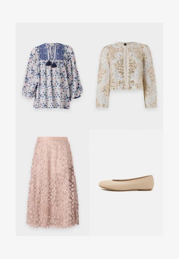 Hímesített, bézs színű, cropped dzseki rózsaszín, zöld és kék virágmotívumokkal. Hosszú ujjaival és kerek nyakkivágásával rendelkezik.; Kék, fehér és rózsaszín virágmintás blúz, elosztott nyakkivágással, bojt részletekkel és térd alá érő, puffos hosszú ujjakkal. Pamut anyag.; Csipkés midi szoknya puha rózsaszínben, virágmintás hímzéssel, illeszkedő derékkal és réteges kialakítással, kiemelve a finom textúrát.; Beige bőr balettcipő lekerekített orral, minimális varrás részletekkel, alacsony sarkú és diszkrét logóval a hátsó részen. Simább, matt textúrájú.