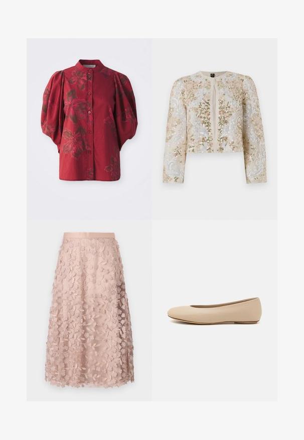 Izšūta īsā jakas stila virsjaka bēšā krāsā ar ziedu motīviem rozā, zaļā un zilā krāsā. Iespējami gari piedurknes un apaļa kakla izgriezums.; Burgundijas blūze ar noapaļotu apkakli, pogu priekšpusi un pūkainām piedurknēm. Satur ziedu rakstu tumšākās krāsās un maigu kokvilnas tekstūru.; Mežģīņu midi svārki maigā pinka krāsā ar ziedu izšuvumu, ar pieguļošu vidukļa līniju un slāņainu dizainu, izceļot smalku tekstūru.; Bežs ādas deju zābaciņš ar noapaļu purngalu, minimālu šuvju detaļām, zemu papēdi un diskrētu logotipu aizmugurē. Gluda, matēta tekstūra.