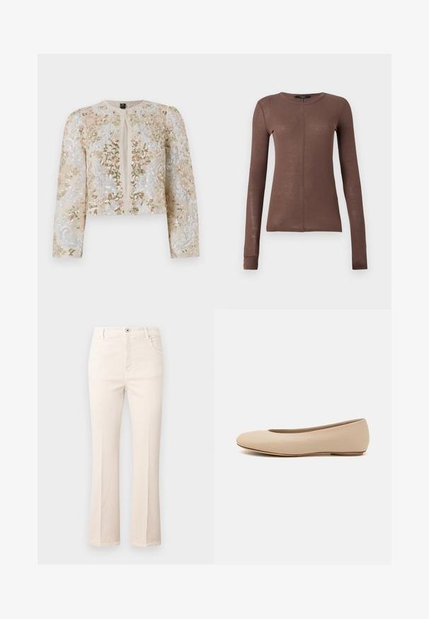 Beige cropattu takki, jossa on pinkkejä, vihreitä ja sinisiä kukkakuvioita. Varustettu pitkillä hihoilla ja pyöreällä kaula-aukolla.; Ruskea pitkähihaine paita, joka on valmistettu kevyestä ja sileästä kankaasta. Ominaisuuksiin kuuluu pyöreä pääntie ja huomaamaton etusauman yksityiskohta.; Beige flare-farkut, jotka on valmistettu puuvillasta. Niissä on korkea vyötärö, viisi taskua, napitus ja hillityt tikkaus yksityiskohdat.; Beige nahkara ballet flat dengan ujung bulat, detail jahitan minimal, hak rendah, dan logo halus di bagian belakang. Tekstur halus dan matte.